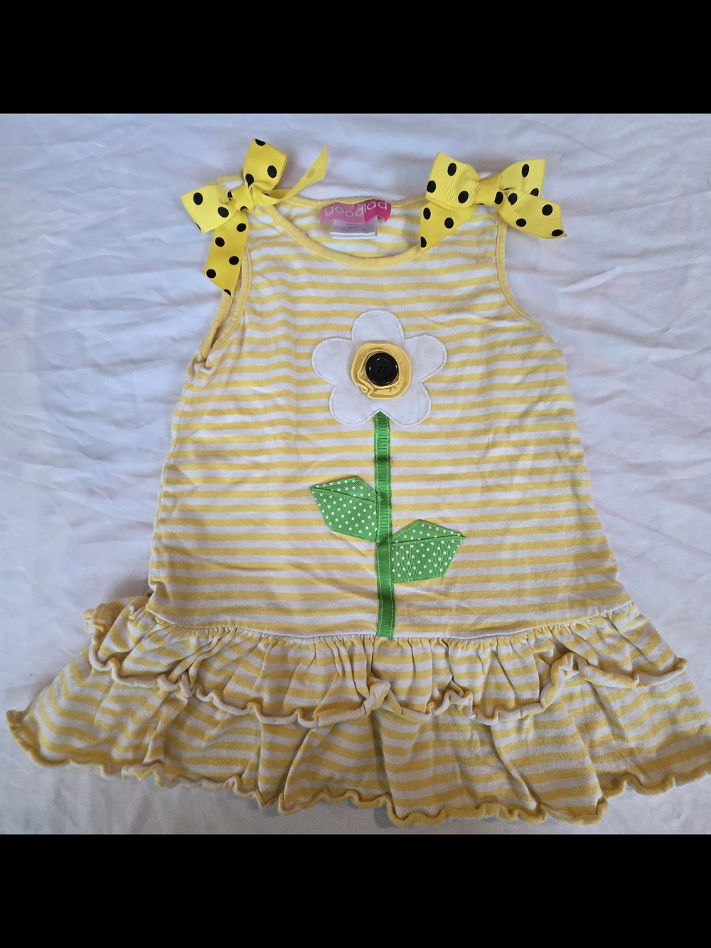 Good Lad Yellow Striped Dress with Flower Appliqué and Polka Dot Bow Straps